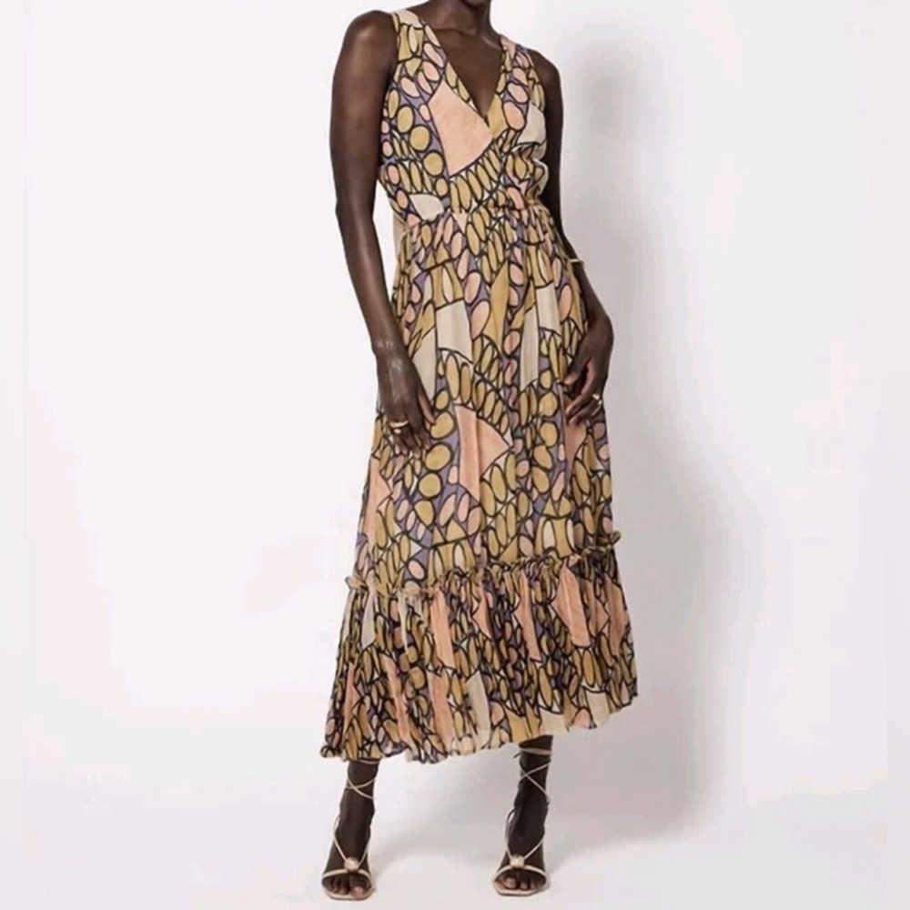 Cleobella Kay Midi Dress in Saguaro Size M Crinkle Geometric Flounce